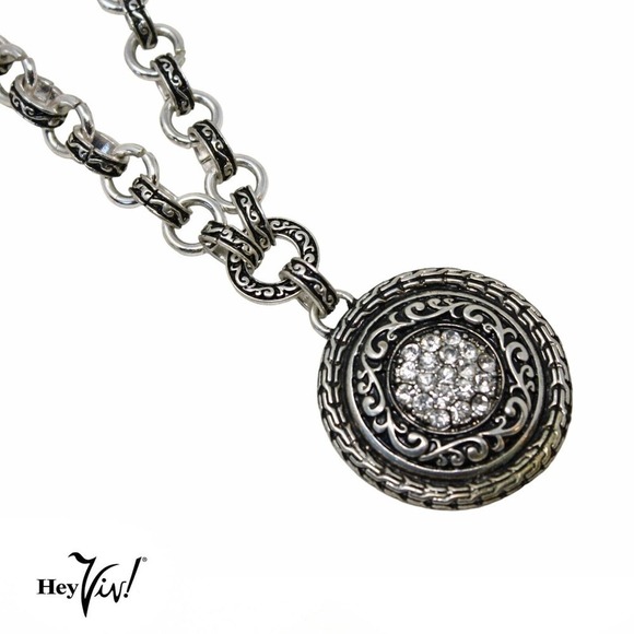 Vintage Decorated Chain Ornate Engraved Pendant w Rhinestones 21" Chain -Hey Viv - Picture 2 of 6